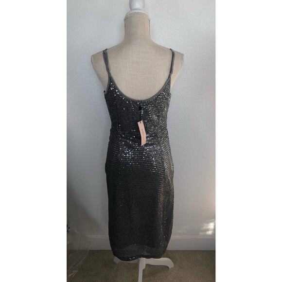 BCBG Generation Gunmetal Sequin V Neck Ruched Holiday Dress - M - Picture 6 of 8